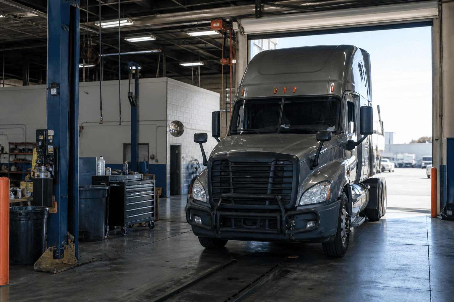 Class 8 semi-truck parked in an open Fairfield shop bay for repair