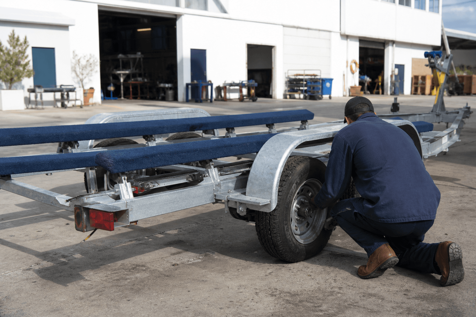 Boat trailer on the shop pad for axle and bearing service