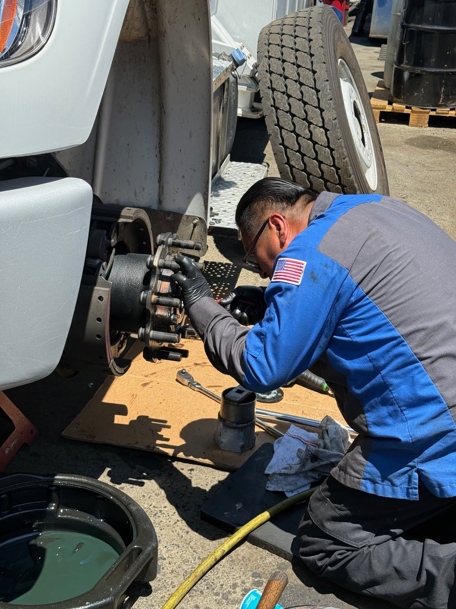 Heavy-duty alignment work on a commercial truck
