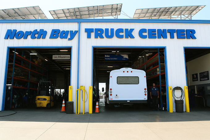 Front of North Bay Truck Center with bay doors